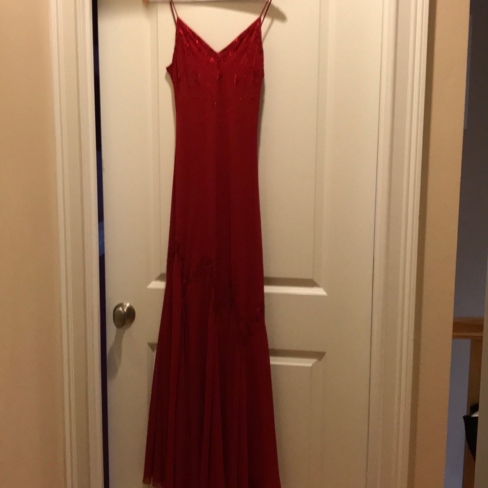Spaghetti strap long red dress with sequin decor